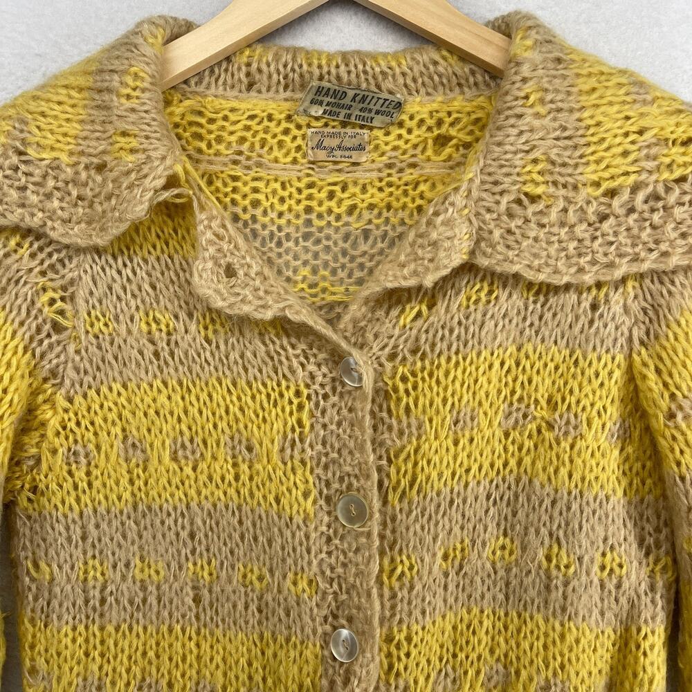 MACY ASSOCIATES Cardigan S Mohair Wool Hand Knitted Striped Button Up Yellow VTG - Picture 4 of 12